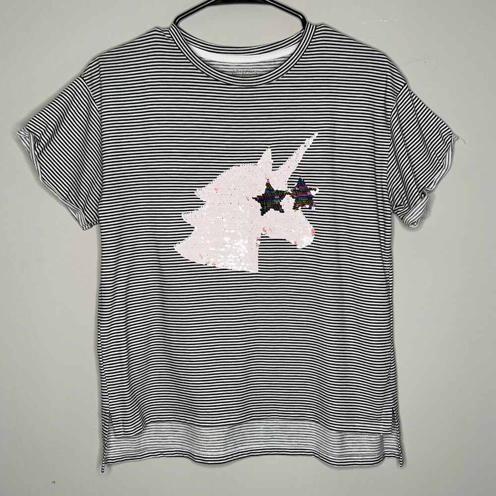 Arizona Top Girls 14 White Stripe Sequin Unicorn Short Sleeve